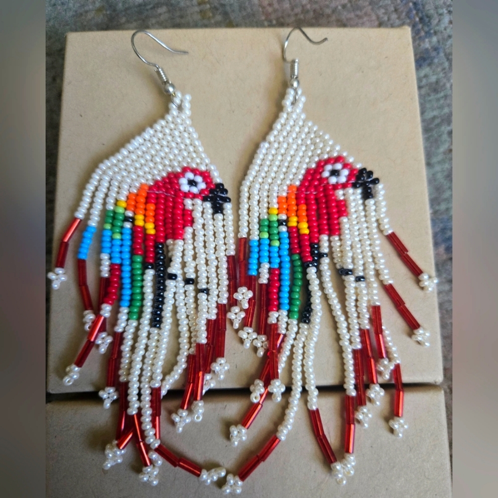 Red and Green Beaded Parrot Earrings